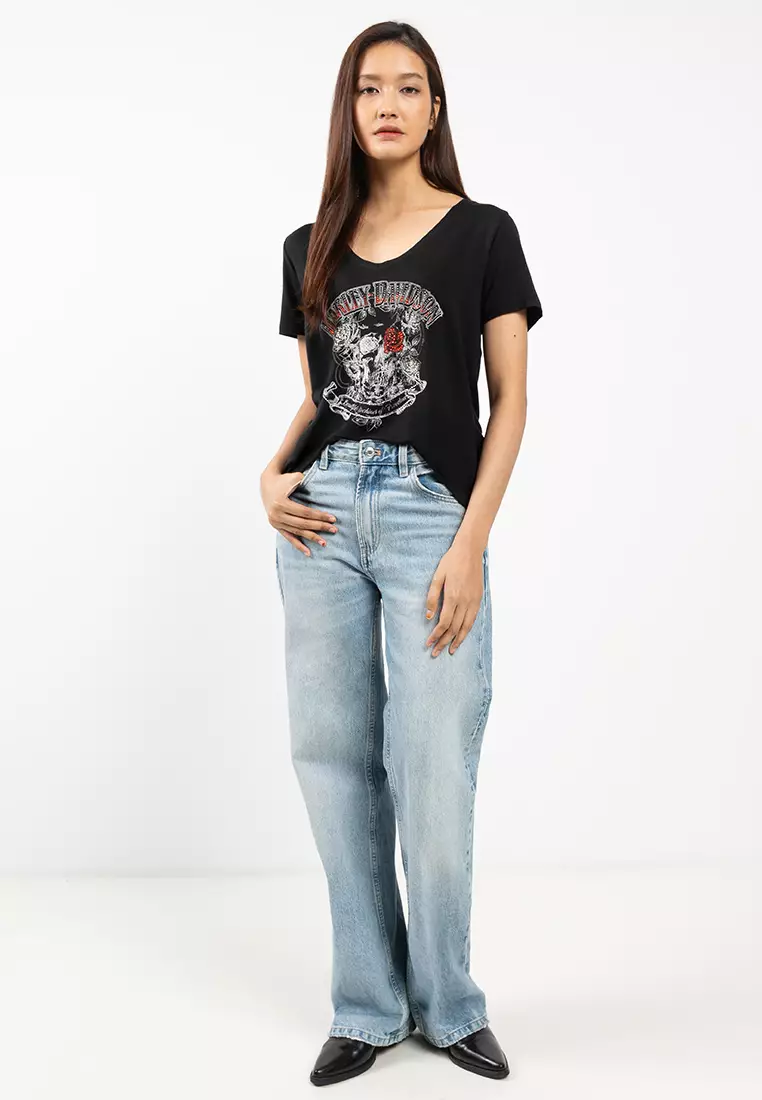 Women's Bling H-D® Afterlife Short Sleeve Laced Back Tee - Harley Black