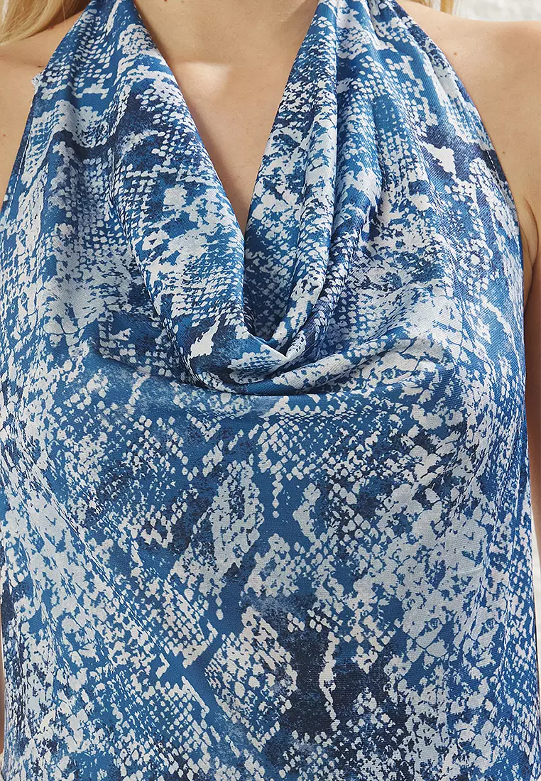Blue Snake Printed Cowl Neck Elastic Knitted Bodysuit