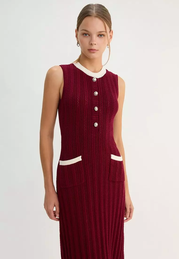 Knit Midi Dress with Contrast Trim - Burgundy