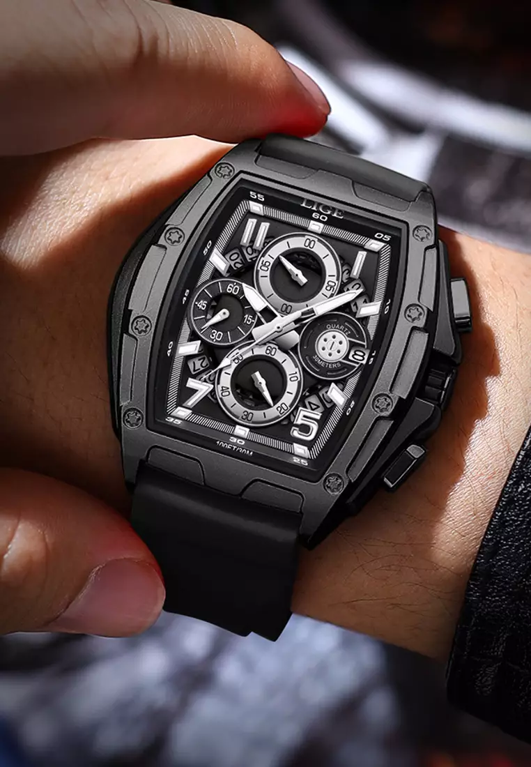 男女通用酒桶形 IP 黑色不鏽鋼石英手錶配橡膠錶帶