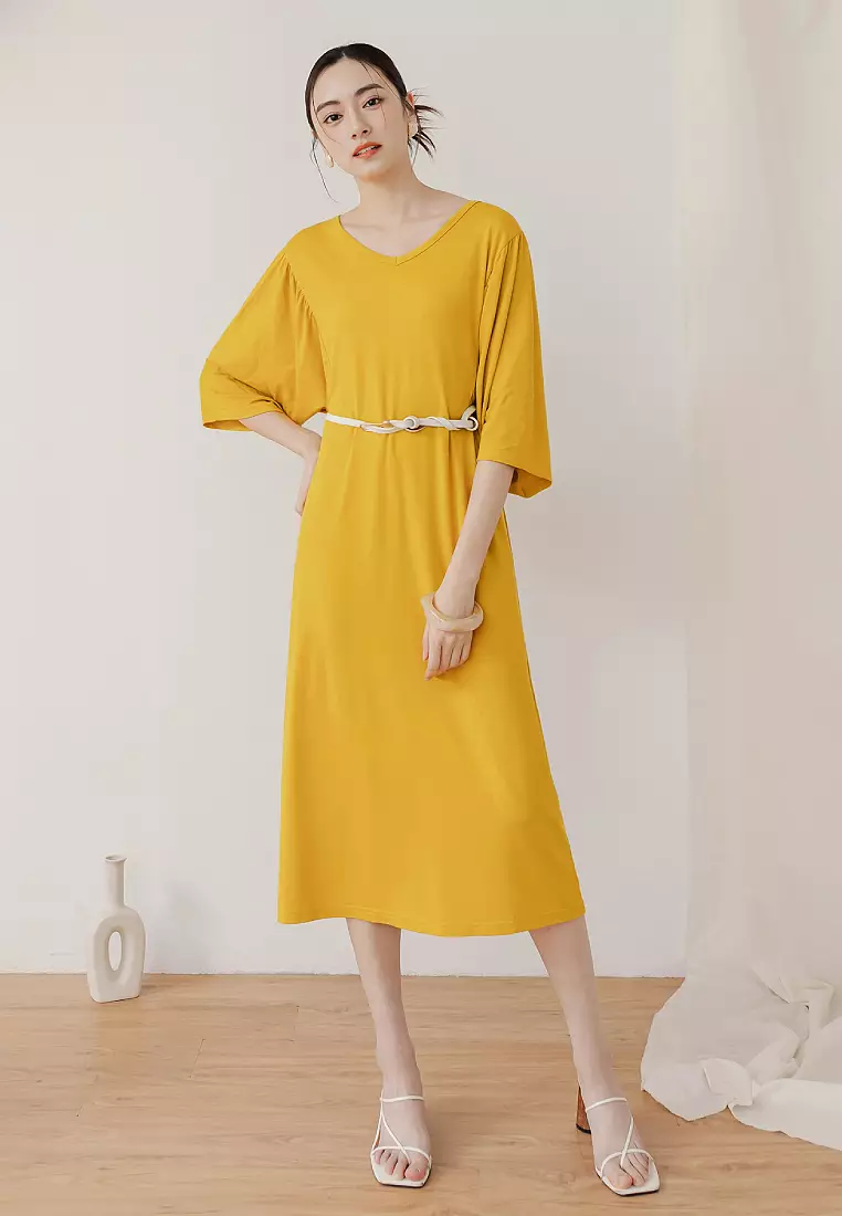 Ice Silk Sunscreen V-neck Wide Sleeve H-Line Long Dress [DA10002]