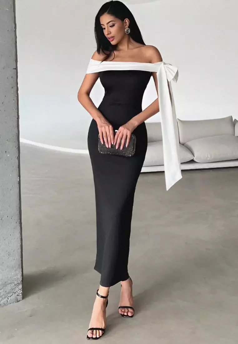 Black-White Body-Styling Shoulder Bow Detail Knitted Elegant Evening Night Graduation Dress TPRSS25EL00293