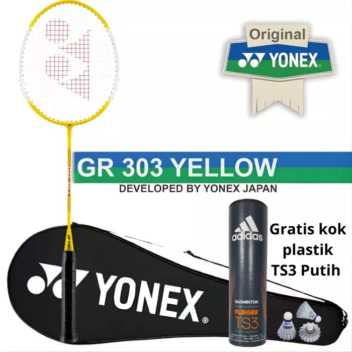 Paket Lengkap Pemula Raket Badminton Yonex GR303 Kuning dan Shuttlecock Adidas TS3 Nylon Isi 6