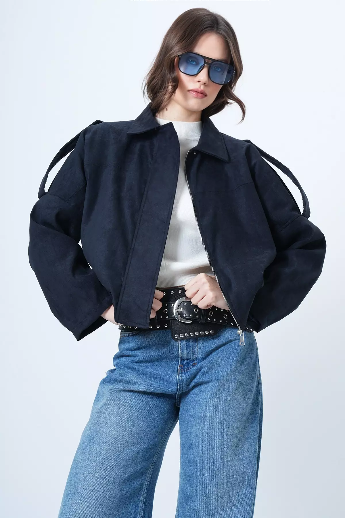 Navy Blue Shoulder Epaulettes Lined Faux Suede Bomber Jacket Alc-X14526