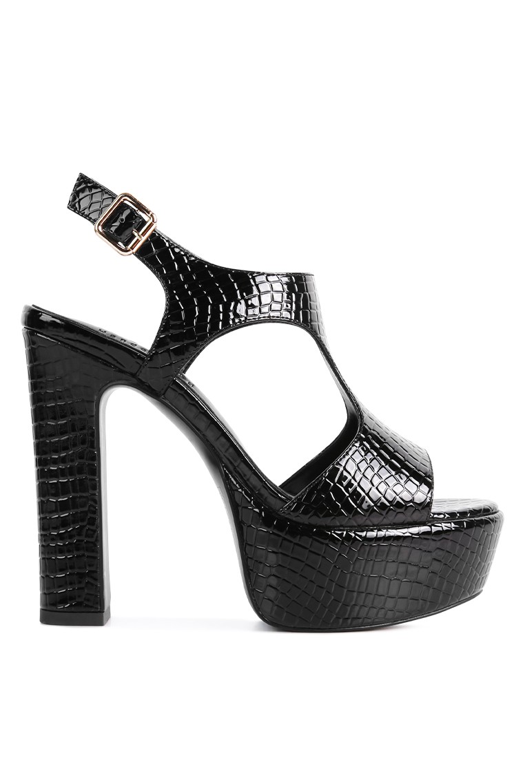 Black Croc High Heeled Cut Out Sandals