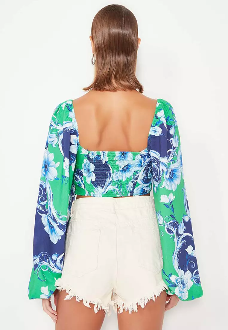 Floral Print Beach Blouse with Balloon Sleeves