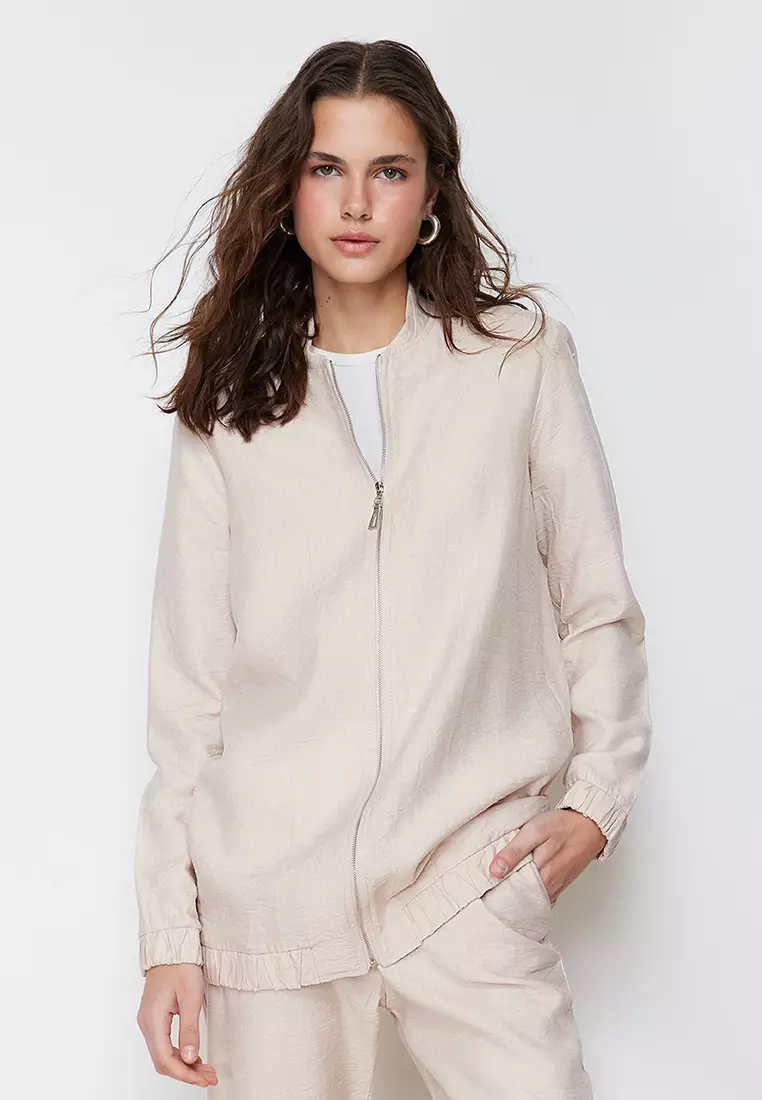 Beige Linen Look Tunic-Pants Woven Bottom Top Set TCTSS24US00016