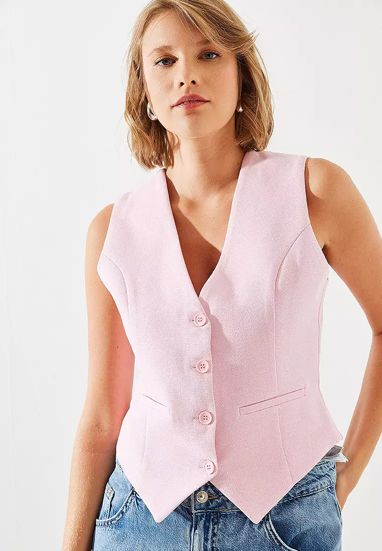 Back Belt Detailed Lined Linen Vest