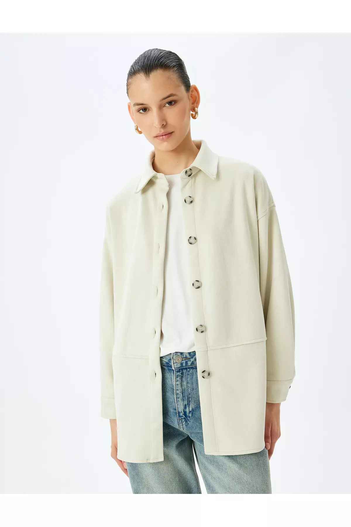 鈕扣長袖仿麂皮恤衫外套