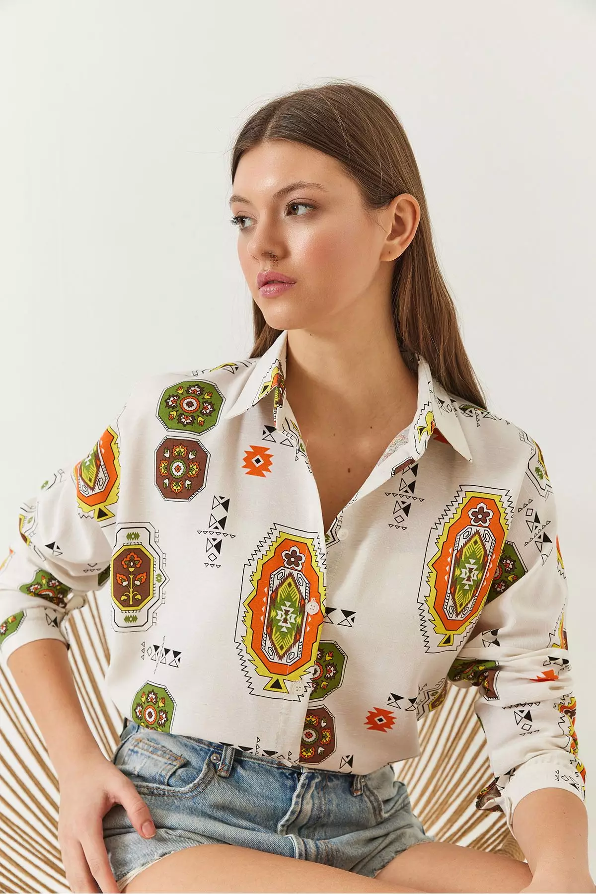 Women's Sleeve Folded Patterned Linen Shirt