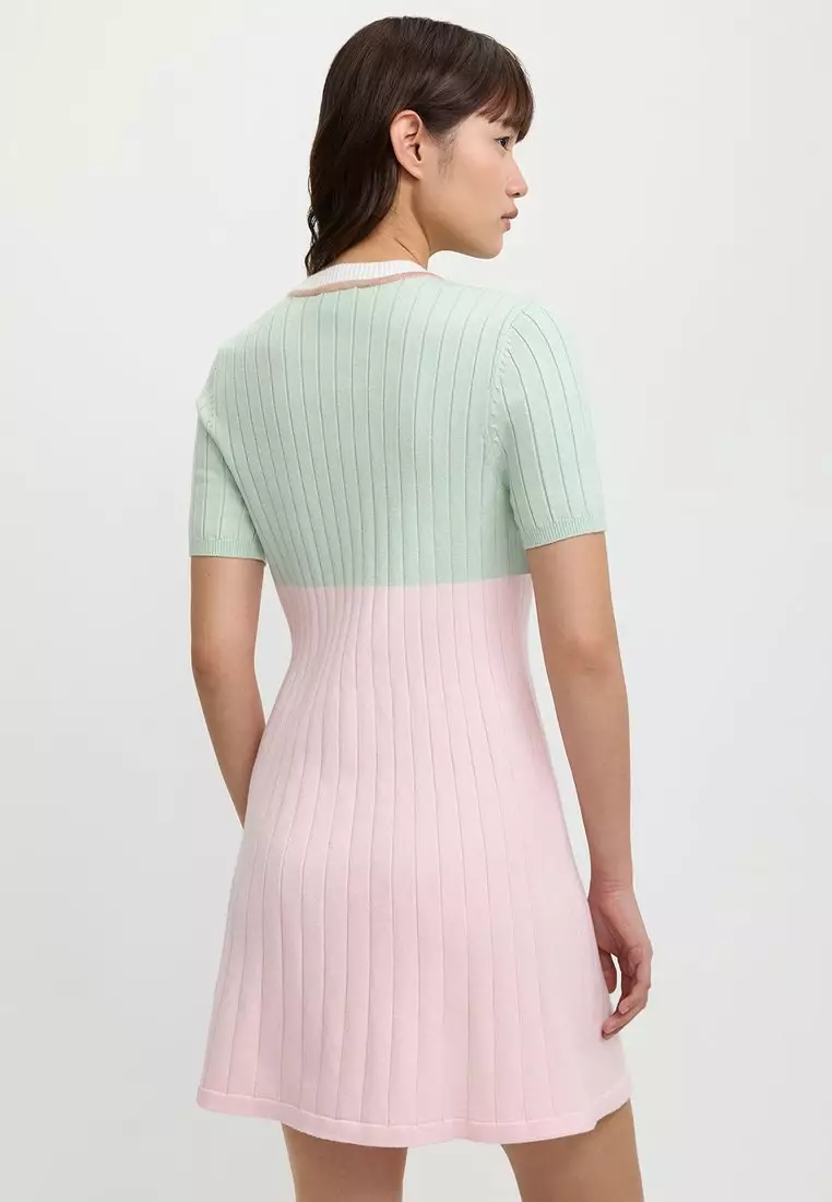 Short Sleeve Color Block Round Neck Ribbed Dress - Pink