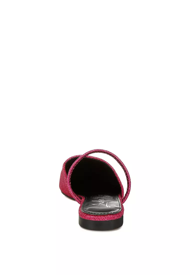 Glitter Faux Leather Flat Mules in Fuchsia