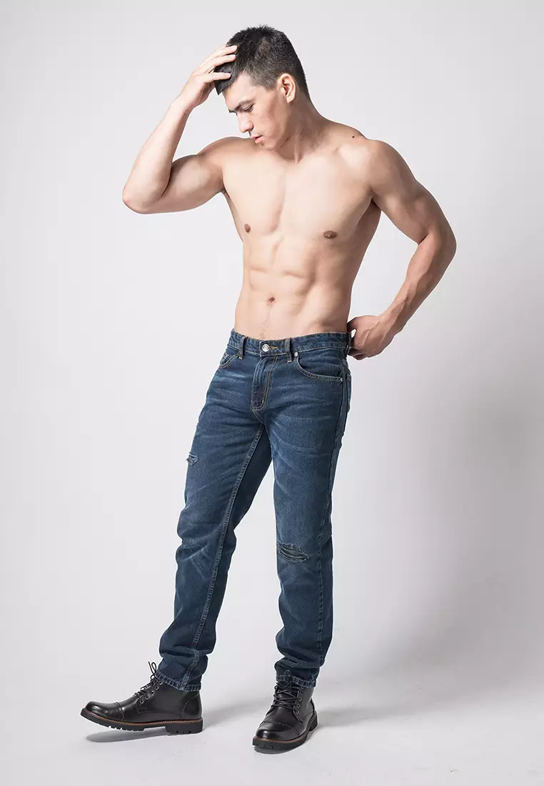 Tapered Fit Jeans Premium Dark Blue Wash Ripped