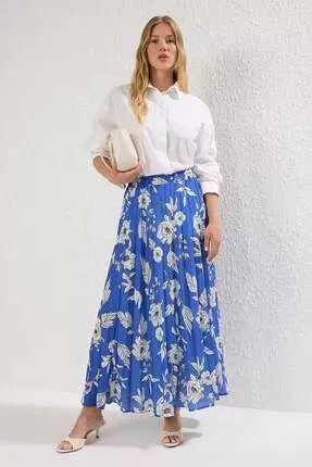 Dark Blue Floral Patterned Pleated Woven Skirt With Elastic Waist Tctss23Ee00018