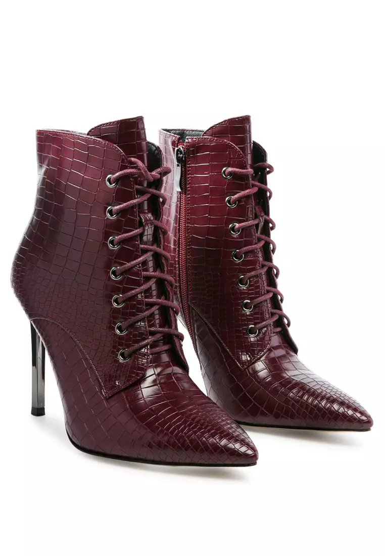 Croc Lace-Up Stiletto Boot in Burgundy