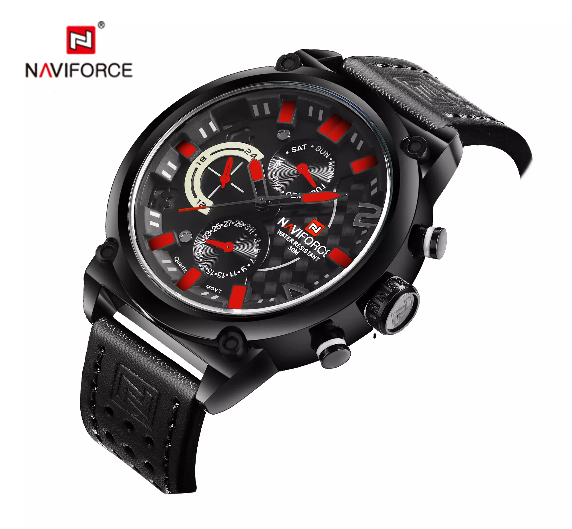 NAVIFORCE Jam Tangan Analog Pria NF-9068M Genuine Leather Strap - BK49 Black