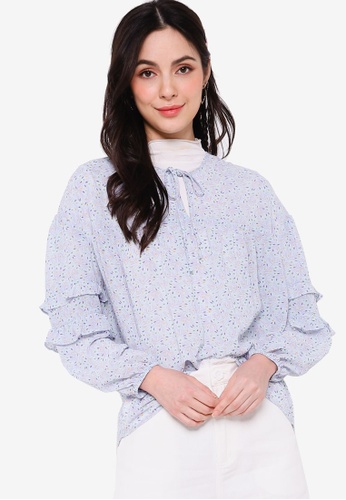Lubna blue Sheer Puff Sleeve Floral Blouse 428FFAA10C4754GS_1