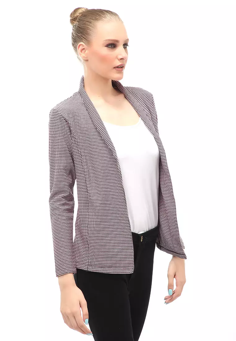 Blazer Wanita Lengan Panjang Outerwear Motif Kotak-Kotak Design Casual - Pink