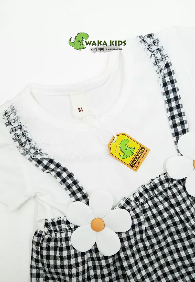 Wakakids Dress Bayi Anak Perempuan Lengan Pendek Katun Bunga Kombinasi Kotak Kotak 4482 Venrc Merah