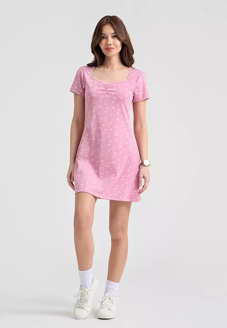 Short Sleeves Floral All-Over Print A-Line Dress