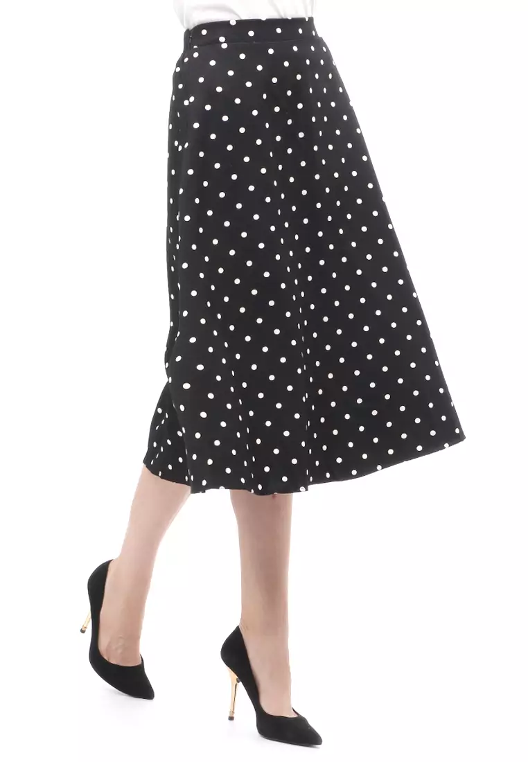 Skirt Motif Polkadot Rubbery Waist Bawahan Wanita Relaxed Fit - Black