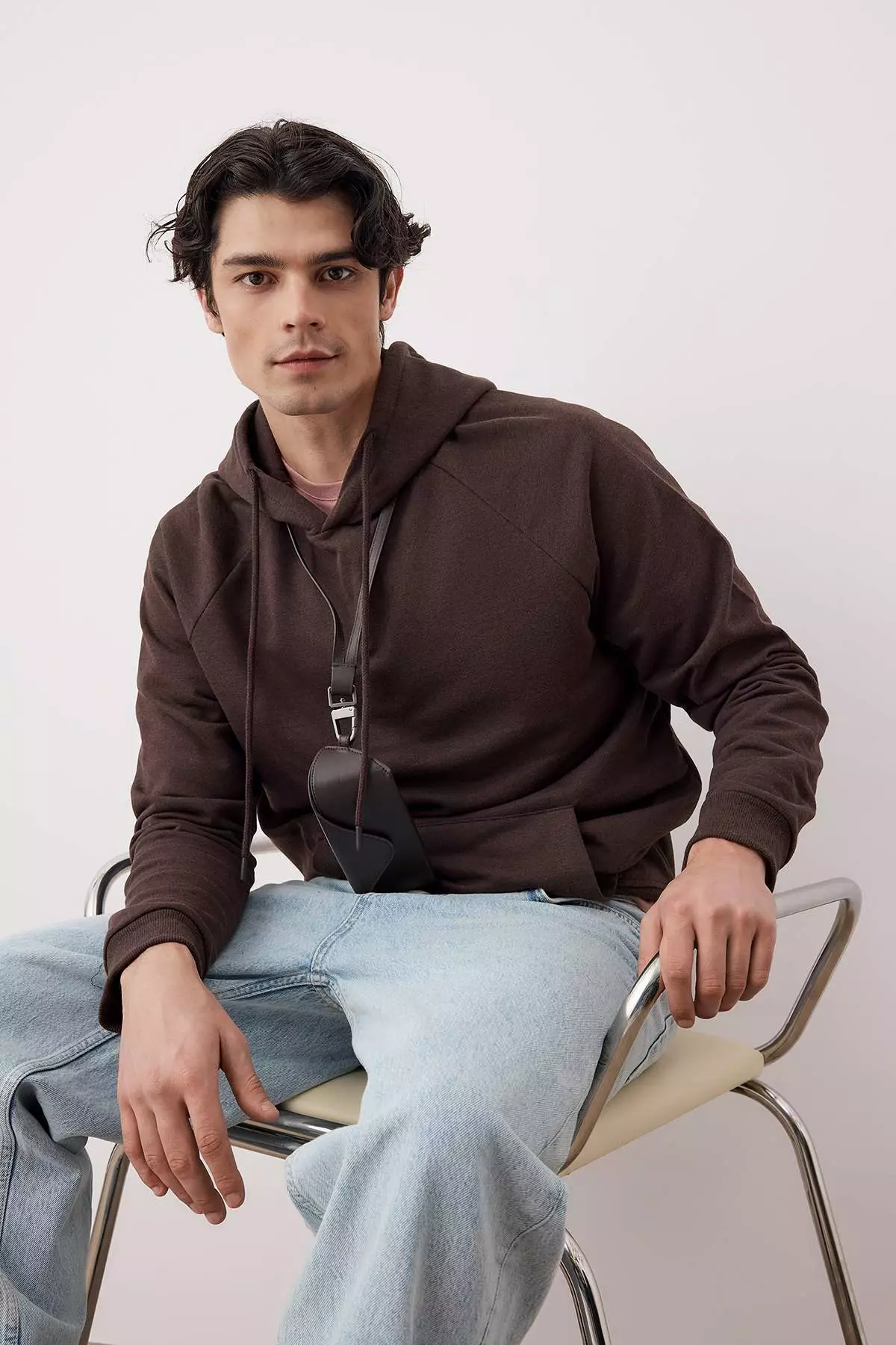 Dark Brown Regular Cut Hooded Fleece Inside Warm Sweatshirt