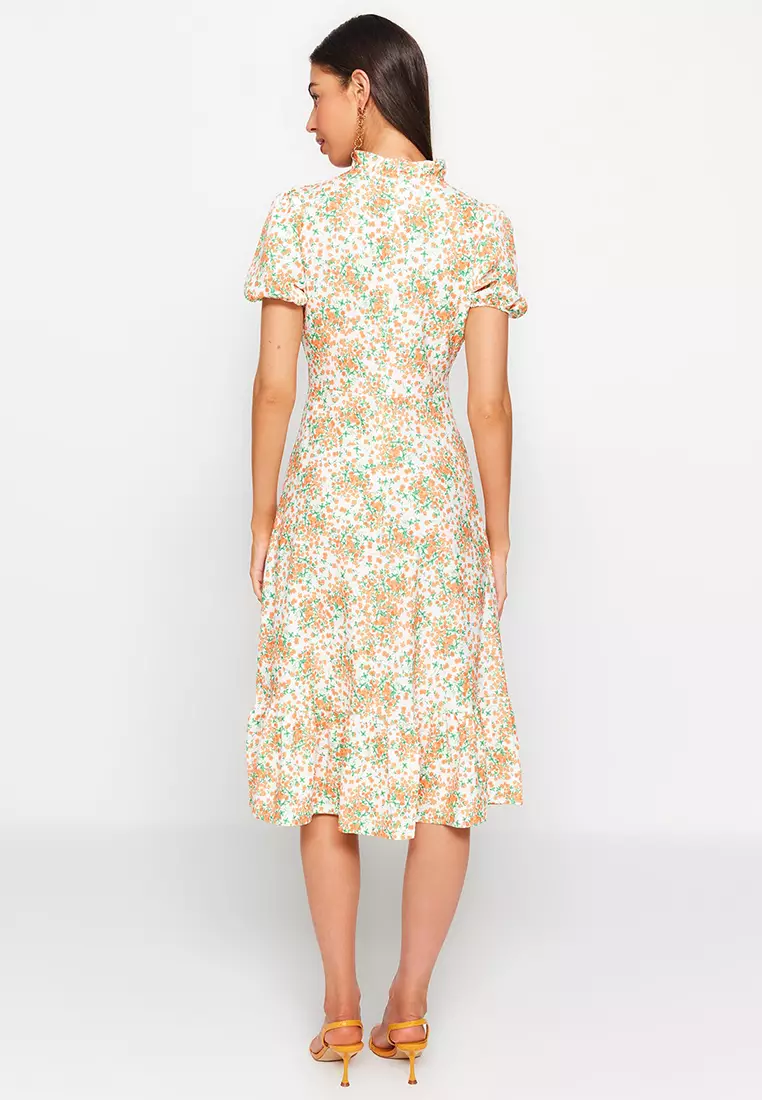 Patterned Puff Sleeves Midi Dress