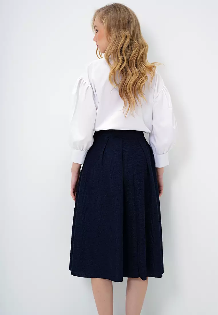 Women's Navy Blue High Waist Wide Belt Hidden Zipper Midi Length Textured Skirt Alc-X13473