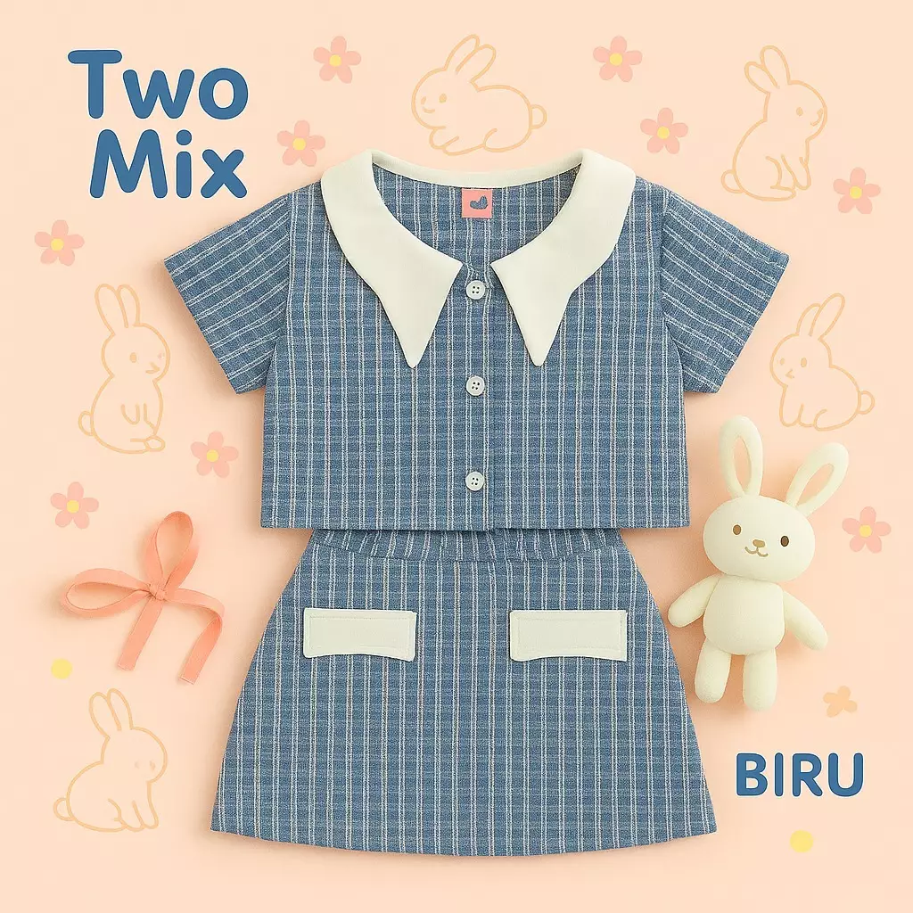 Two Mix - Mariposa Set Setelan Baju Anak Perempuan Korean Style 1-12 Tahun 4402 Biru