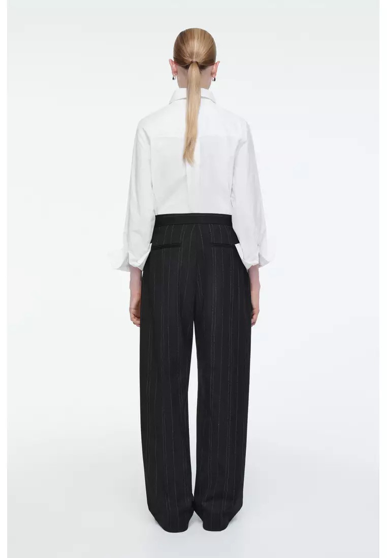 RELAXED PINSTRIPED BARREL-LEG TROUSERS