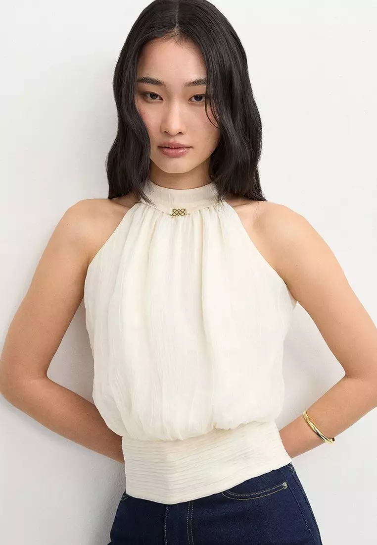 Halter Neck Blouse with Pleated Hem - Ivory