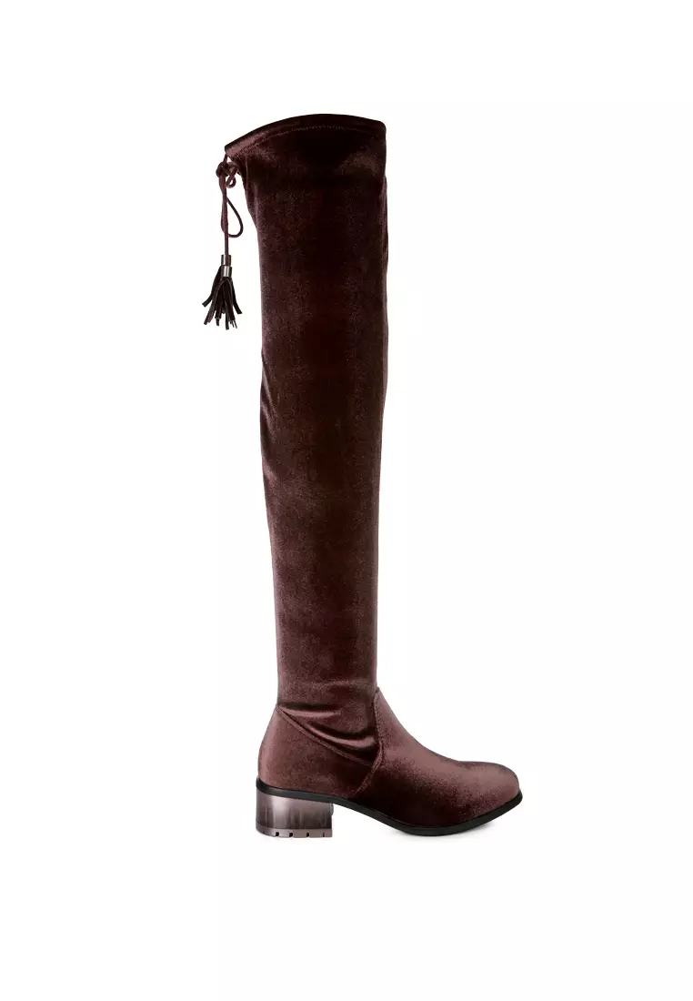 Discount on London Rag  shoes - SKU: Dark Brown Velvet Knee High Clear Heel Boots