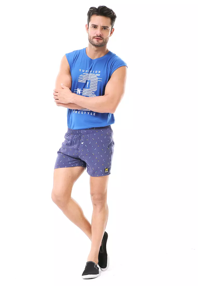 Grissham Celana Pendek Pria Short Boxer Stylish Motif Abstrack Material Cotton ORIGINAL - Blue