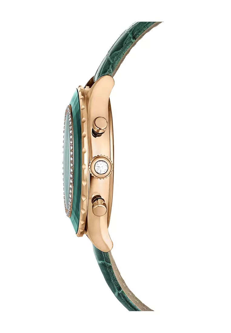 Octea Chrono watch, Swiss Made, Leather strap, Green, Rose gold-tone finish