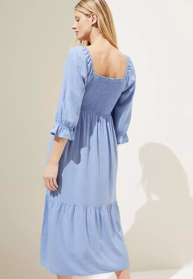 Jual Marks & Spencer Linen Blend Striped Square Neck Midi Dress