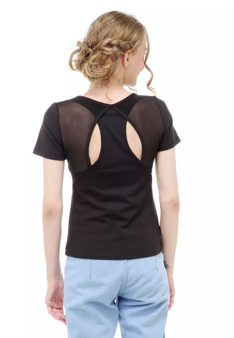 Wish Baju Olahraga Kaos Sport Wanita Lengan Pendek Sporty Shirt Jaring Transparan Material Polyester ORIGINAL - Black