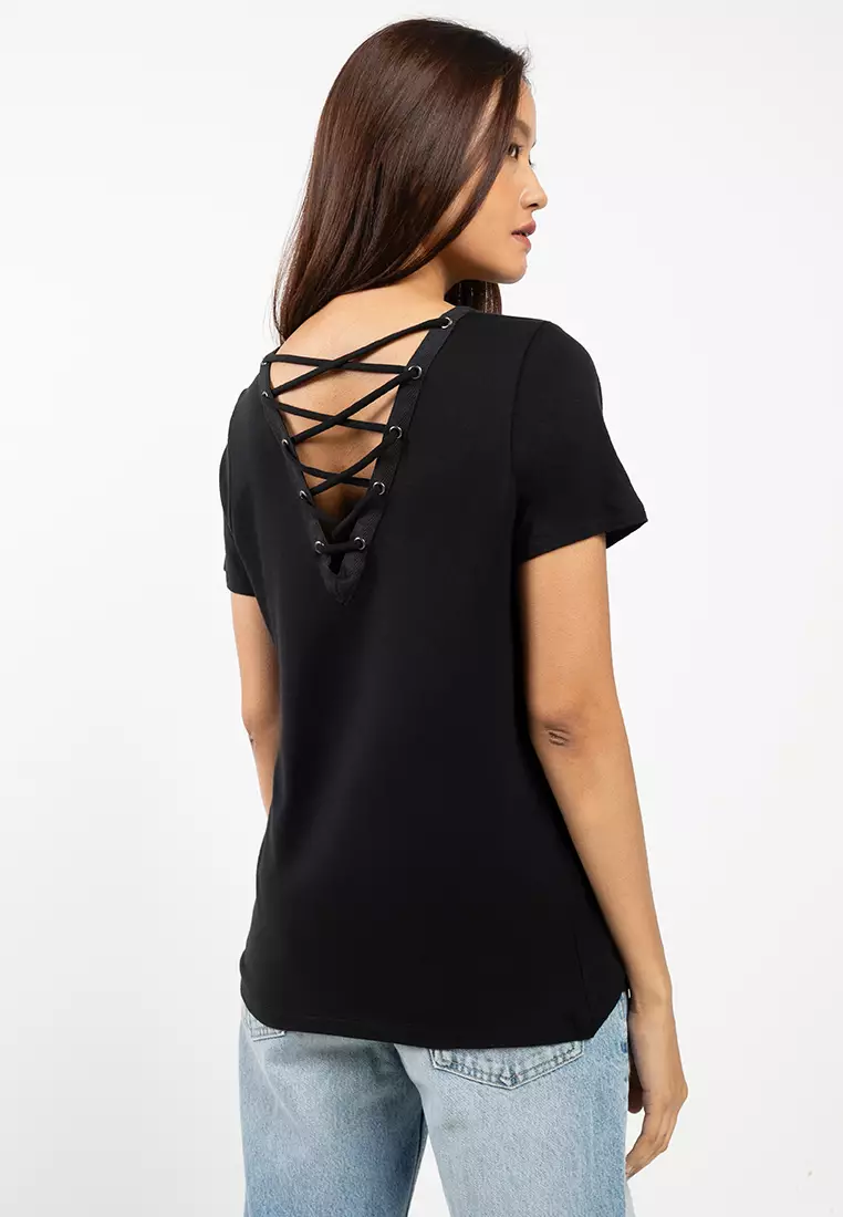 Women's Bling H-D® Afterlife Short Sleeve Laced Back Tee - Harley Black