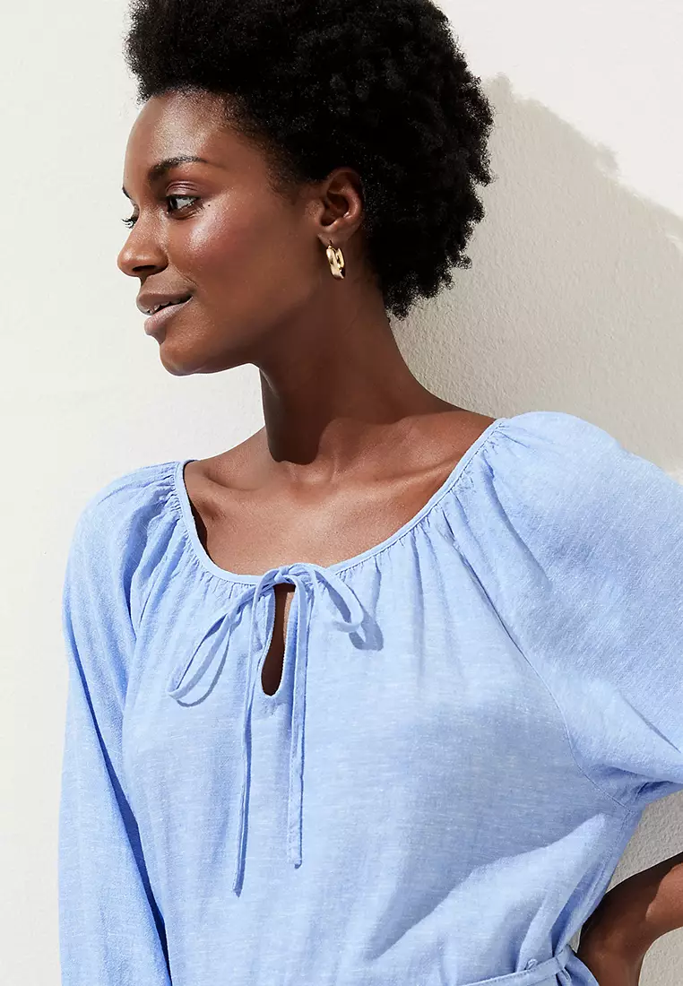 Linen Blend Tie Neck Midi Column Dress