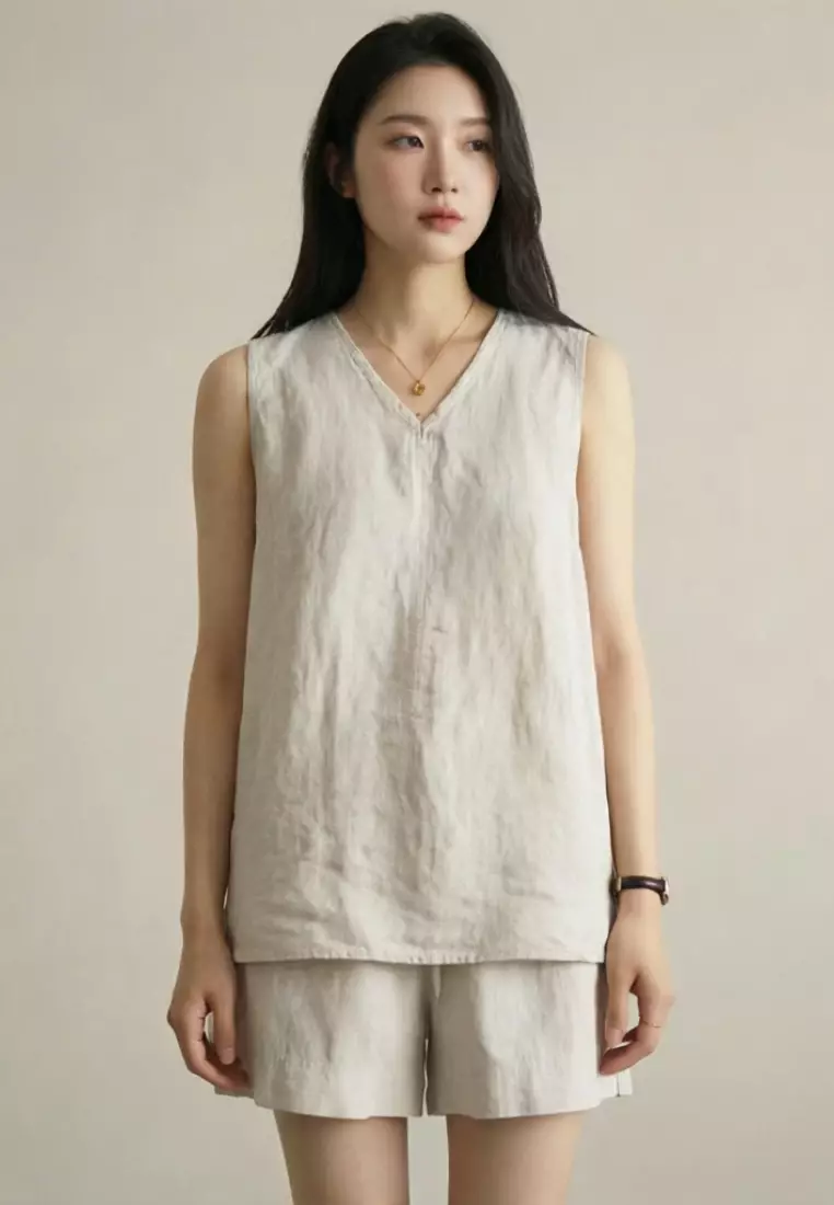 Korean-style Relaxed Linen Tank Top & Shorts Set CA26041054BE