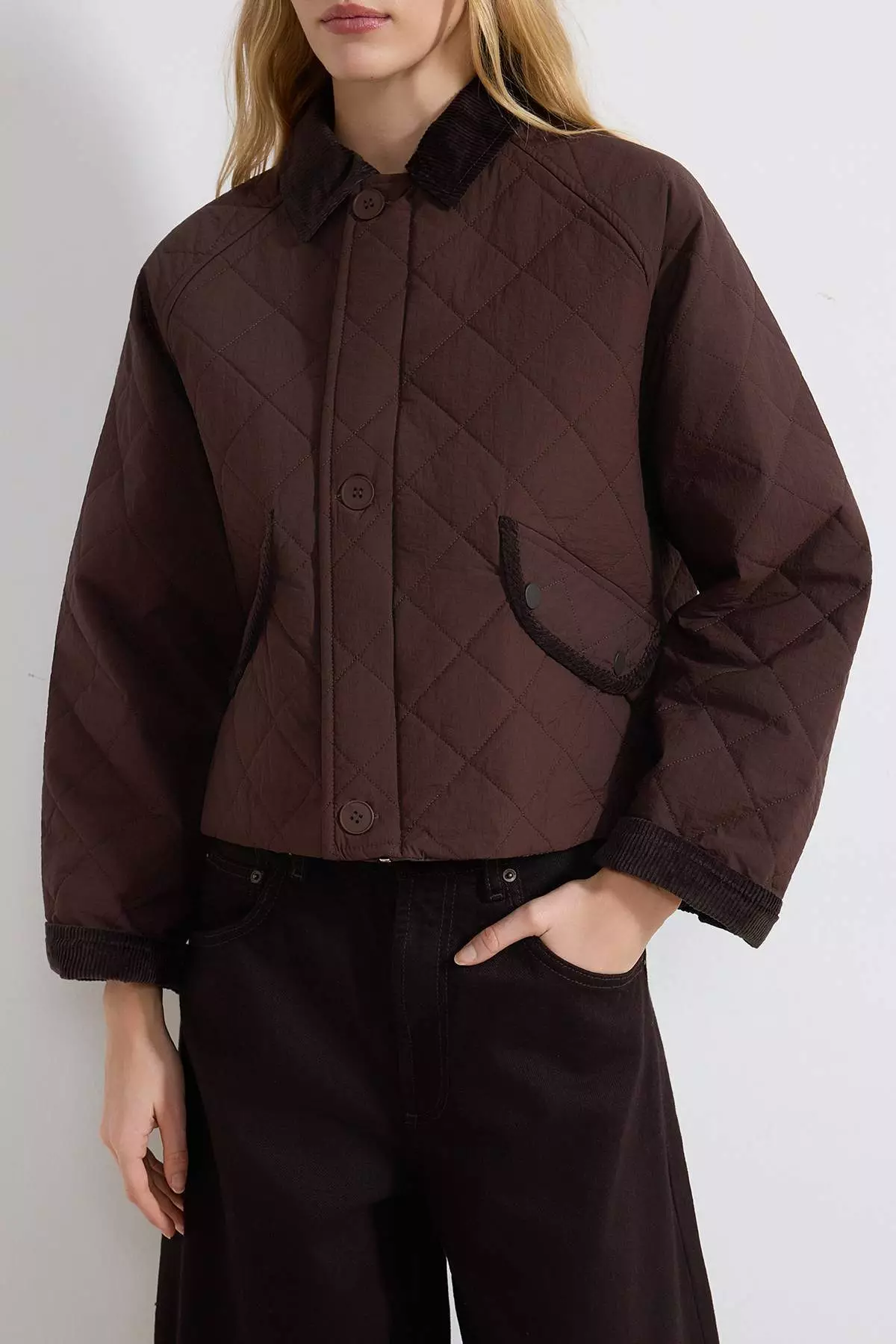 Brown Oversize Quilted Velvet Collar Detailed Seasonal Coat Twoss26Mo24