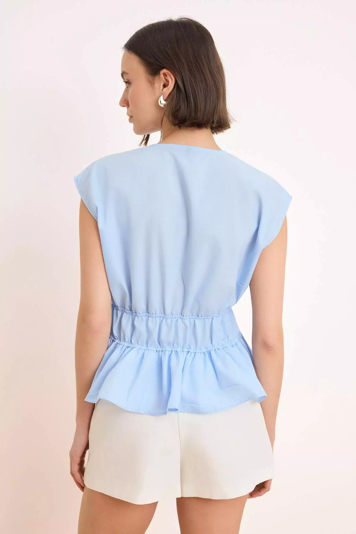 Light Blue Ruched Detail Woven Blouse Twoss26Bz42