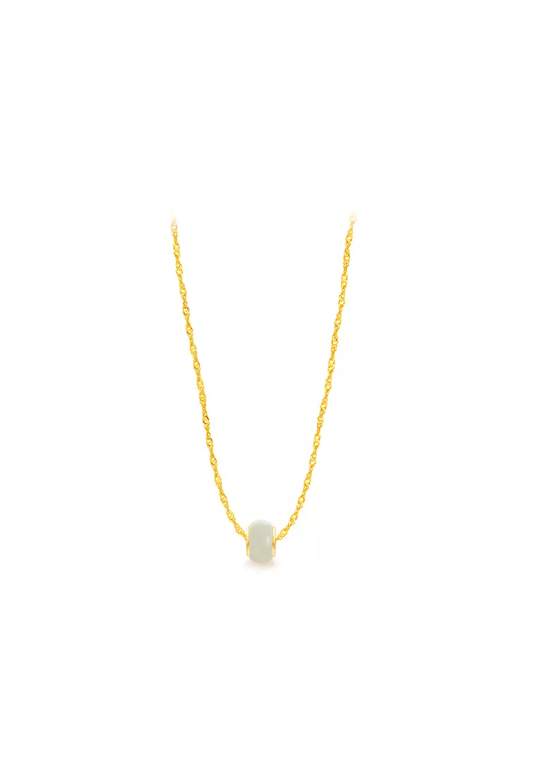 999.9/24K Gold Foil Inlaid White Jade with 375/9K Gold Wave Chain Necklace Set J1