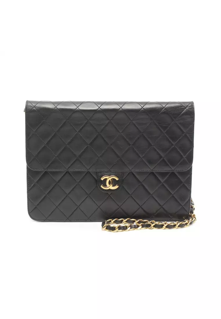 Pre loved Chanel matelasse chain shoulder bag lambskin black gold hardware