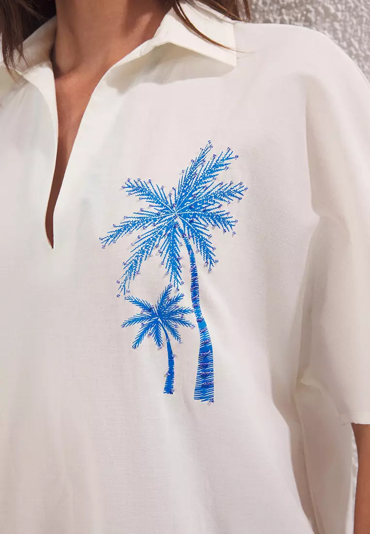 Ecru Maxi Woven 100% Cotton Embroidered Beach Dress Tbess25El00026