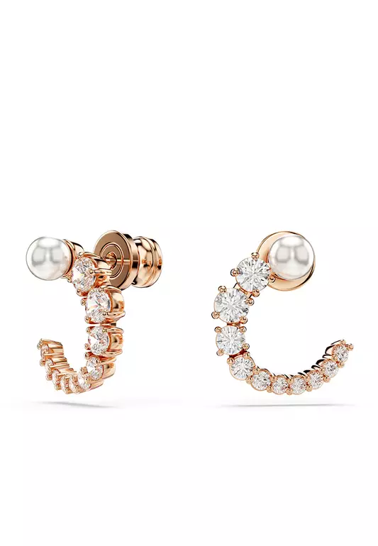 Matrix Hoop Earrings, Crystal Pearl, Round Cut, White, Rose Gold-Tone Plated