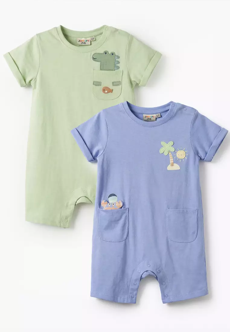 Babyshop Pack Of 2 Juniors Round Neck Short Sleeves Romper With Snap Button Closure