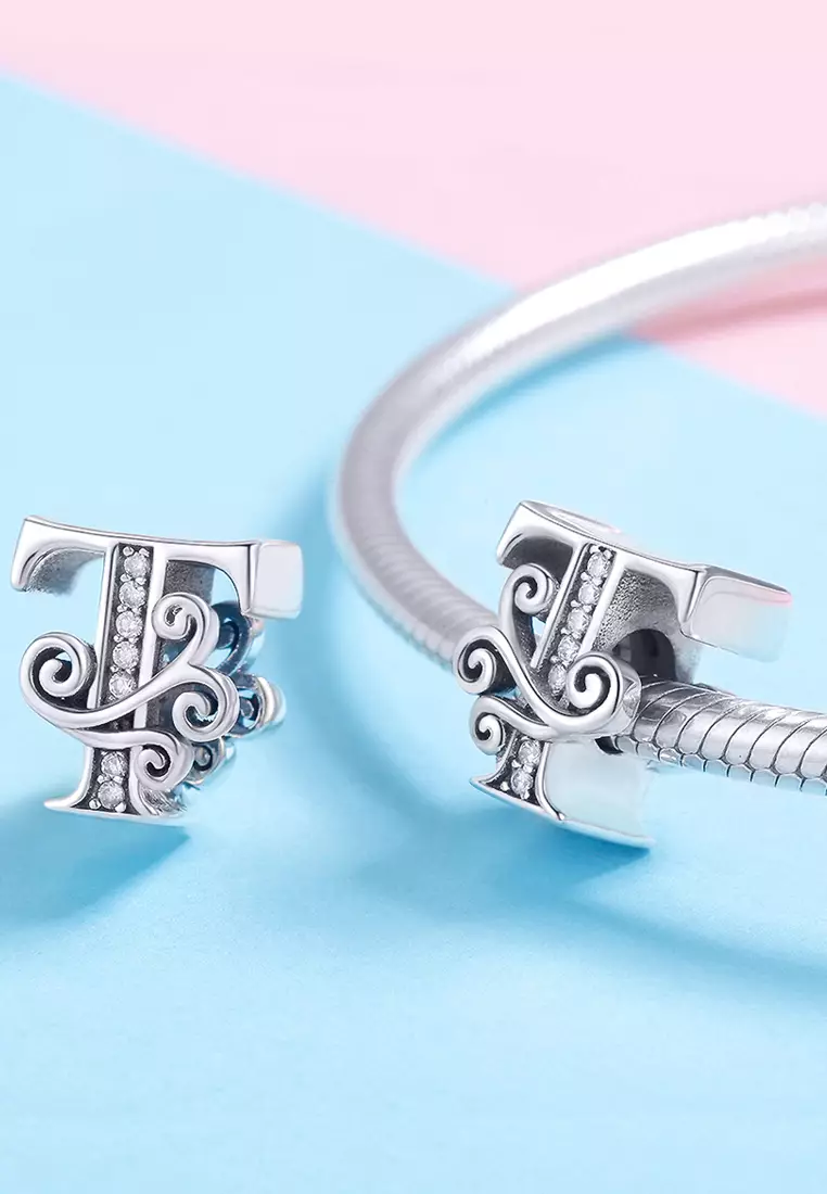 Solid 925 Sterling Silver Vintage Inspired Antique Alphabet Charm T