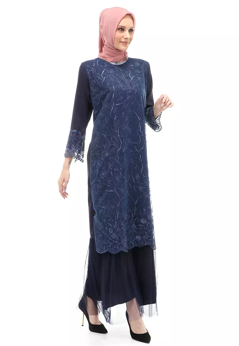 Diana Gamis Brukat Wanita Muslimah Lapis Moscrepe Premium Quality - Navy