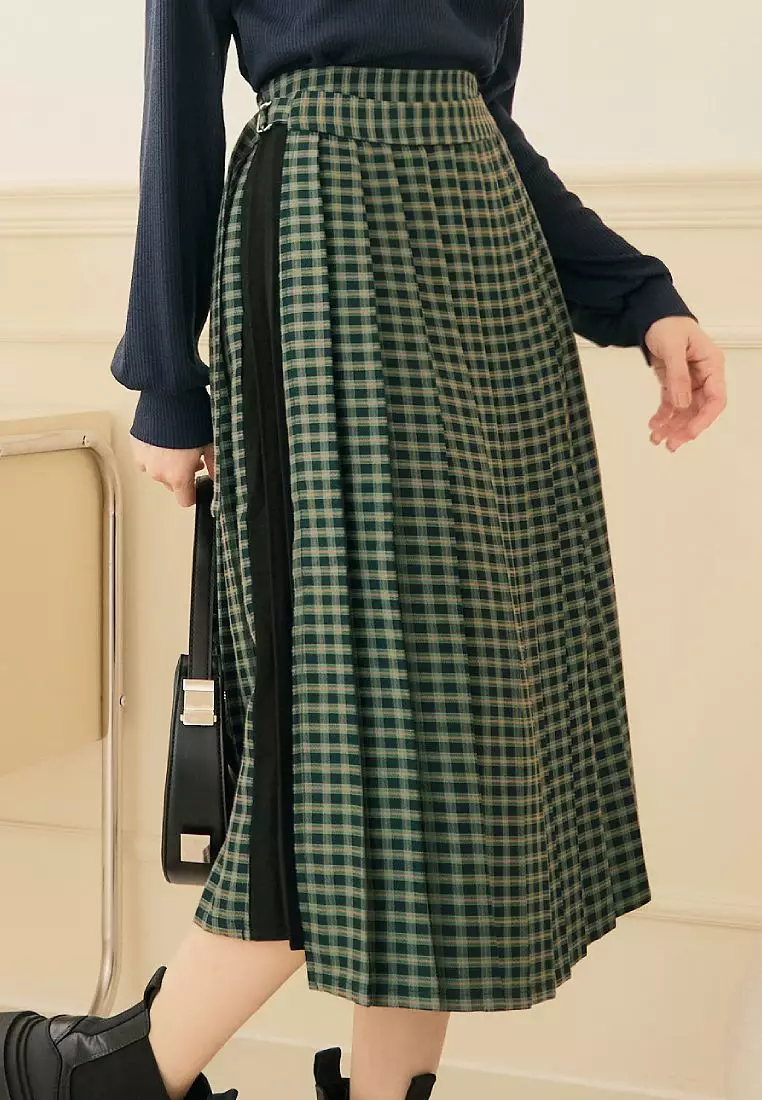 日系格紋收腰綁帶撞色拼接百褶裙《CA2702》