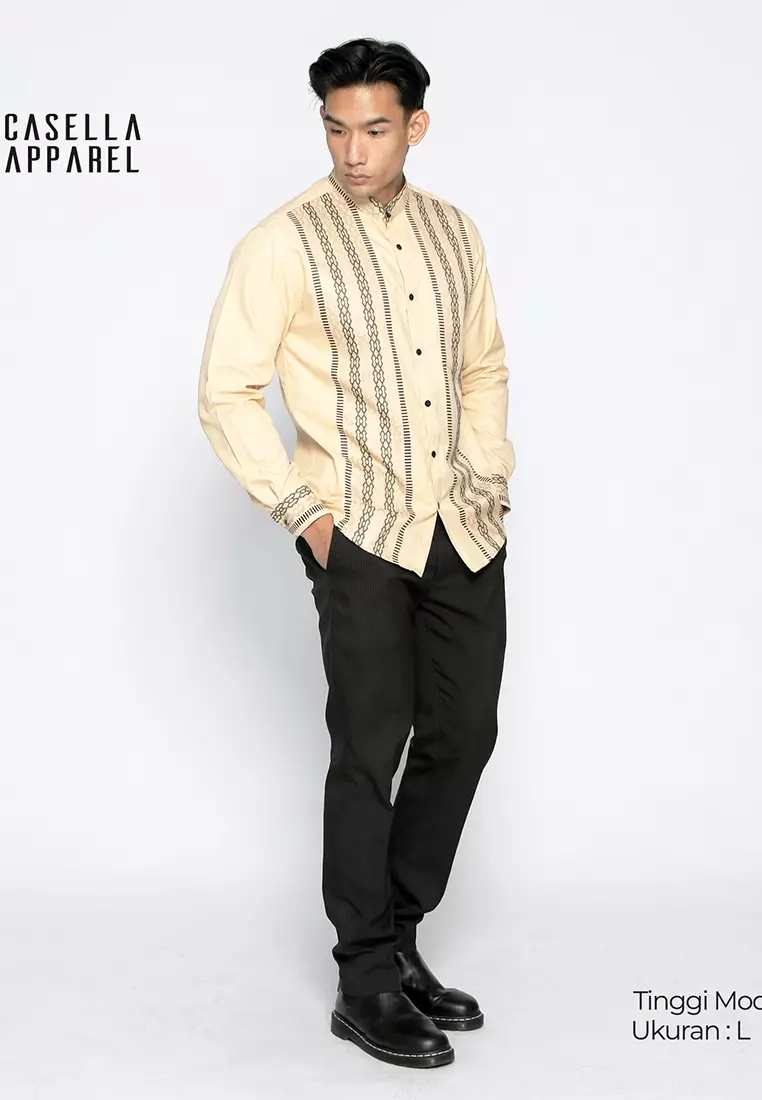 Casella Baju Koko Pria Lengan Panjang Vertical Pattern | Baju Koko Lengan Panjang Khalid 9928 Hazelnut